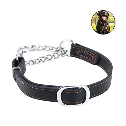 POPETPOP Collar para Perro de Cuero Ajustable con Cadena de Acero Inoxidable para Entrenamiento Adiestramiento de Mascotas Grande y Medianos 35-48 cm