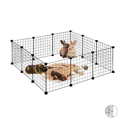 Relaxdays, Negro, Parque Mascotas Ampliable para Conejos, Cobayas y Cachorros con 12 Piezas, Metal y Plástico, 37 x 110 x 110 cm