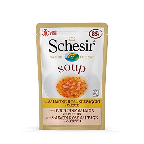 Schesir, Comida húmeda para Gatos Adultos, Sabor salmón Rosado Salvaje y Zanahorias en filetes en Salsa - Total 1,7 kg (20 Sobres x 85 gr)