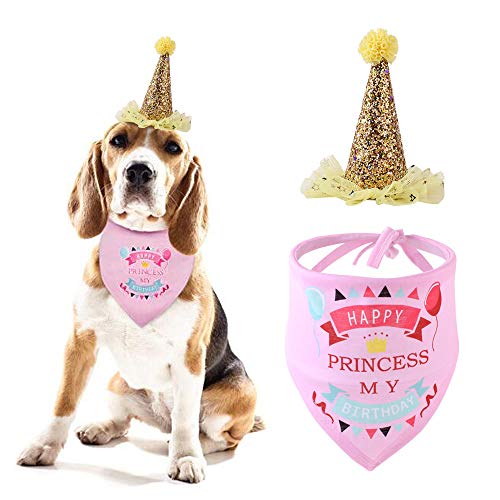 Sombrero de Cumpleaños Para Perros,Triángulo de Pañuelo de Cumpleaños para Perros,Set de Cumpleaños para Mascotas,Bufanda de Pañuelo Triangular para Fiesta Conjunto y Decoración de Cumpleaños(Rosa)