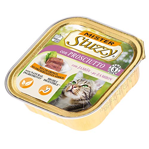 Stuzzy Mister, Comida húmeda para Gatos Adultos, Sabor jamón, línea paté y Carne en trozos - Total 3,2 kg (32 tarrinas x 100 gr)