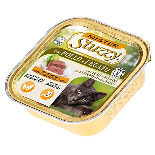 Stuzzy Mister, Comida húmeda para Gatos Adultos, Sabor Pollo e hígado, línea paté y Carne en trozos - Total 3,2 kg (32 tarrinas x 100 gr)