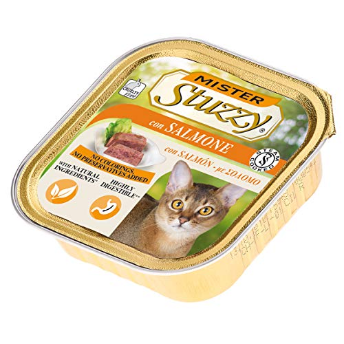 Stuzzy Mister, Comida húmeda para Gatos Adultos, Sabor salmón, línea paté y Carne en trozos - Total 3,2 kg (32 tarrinas x 100 gr)