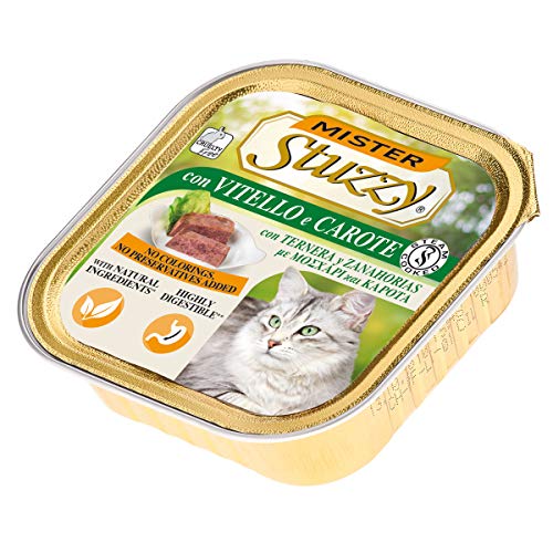 Stuzzy Mister, Comida húmeda para Gatos Adultos, Sabor Ternera y Zanahorias, línea paté y Carne en trozos - Total 3,2 kg (32 tarrinas x 100 gr)