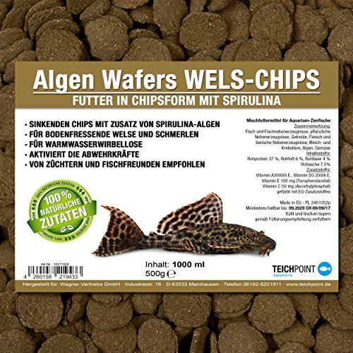 Teichpoint Algas de wafers Siluro de chips (Forro Principal para todos los pflanzenfressenden suelo peces y scheuen Ornamentales peces en barquillo Forma) – Siluro Forro en bolsa de 1 L