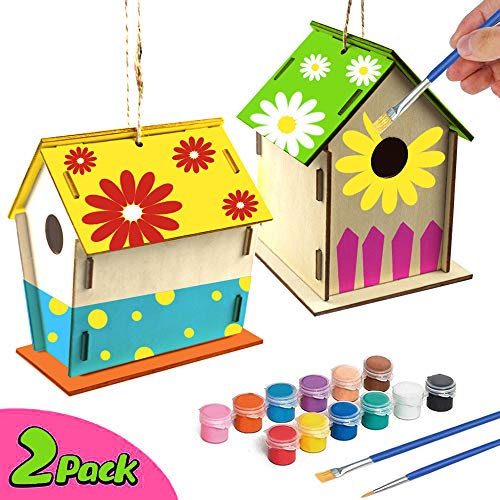 Tickas Casa de Madera del pájaro, 2PCS Decoración doméstica de Madera DIY Manual Color Painting Bird House Adecuado para niños de 4-8 años
