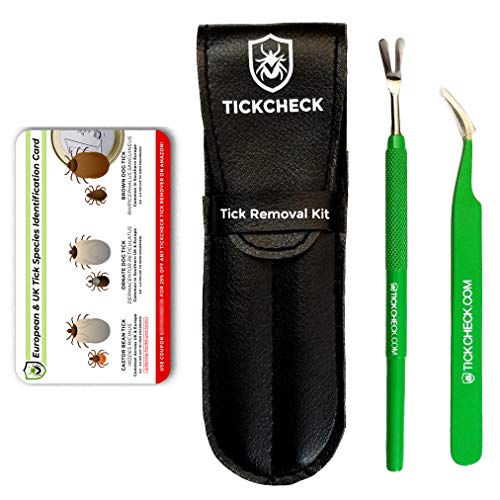 TickCheck Kit removedor de garrapatas (removedor de garrapatas de Acero Inoxidable con Pinzas, Estuche de Cuero y Tarjeta de identificación de garrapatas de Bolsillo) Envase de 1