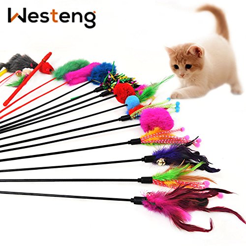 Westeng 4pcs Classic Fibras Sintéticas o Artificiales Funny Pet Cat Play Sticks Varilla gato juguete con Bell (color al azar)