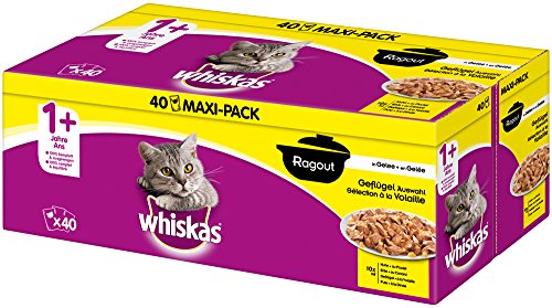 whiskas - Alimento húmedo para Gatos Adultos, envase múltiple, selección de estofado de Aves en gelatina, 40 Bolsas, de 85 g Cada una