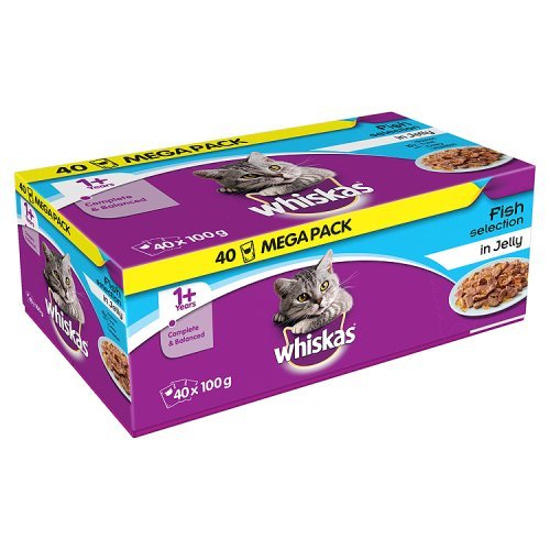 Whiskas - Bolsas para gatos (1 + años, completas, equilibradas, selección de pescado en gelatina, 40 x 100 g (4 kg)