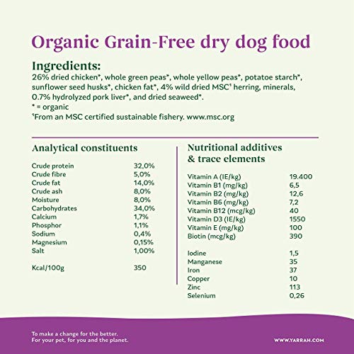 Yarrah Alimento Orgánico para Perros sin Cereales - 2 kg - Para Perros que tienen Dificultad Digerir Cereales - Sin Aditivos Artificiales y Pesticidas - Croquetas con Pollo, Pescado, Guisantes y Algas