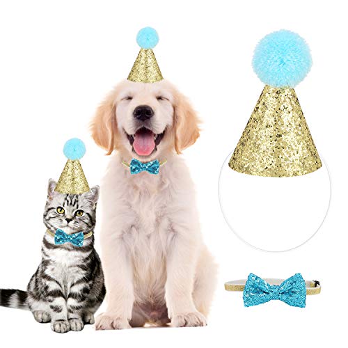 YOUTHINK Sombrero para Mascotas, Gorro de Cumpleaños para Gato, Perro, Diadema Reutilizable, Sombreros, Pajarita, Disfraz de Fiesta para Cachorros, Decoración de Cumpleaños, Dorado