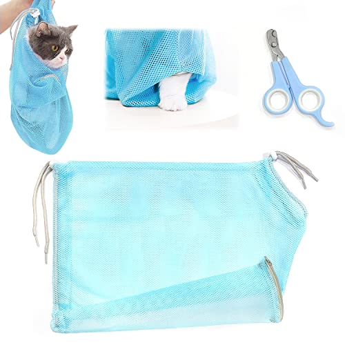1 juego de tijeras de uñas para mascotas y bolsa de lavado de gatos, bolsa de malla para tijeras de uñas de baño, tijeras profesionales para mascotas para gatos, cachorros, animales pequeños (azul)
