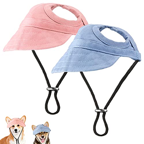 2 Gorras de Béisbol de Mascotas Gorra de Verano Ajustable de Mascota Capellina de Perros al Aire Libre con Agujeros de Orejas Ala Redonda Sombrero de Viaje de Mascotas Pequeñas, Azul y Rosa