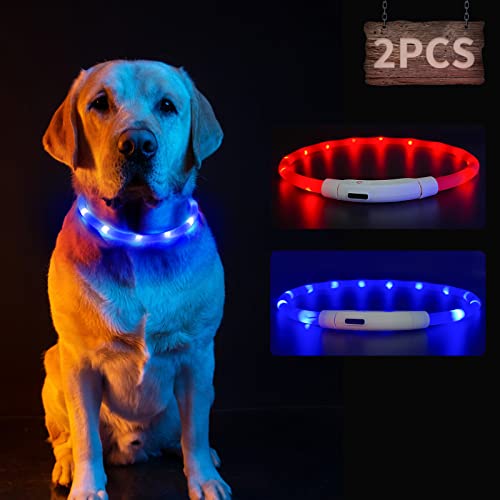 2 Packs Collar Luminoso Perro, shinfly USB Recargable Collar Luz LED Perro, Longitud de 70cm Ajustable, 3 Modos de iluminación con 12 Perlas Brillantes, Impermeable Collar Luminoso para Perros