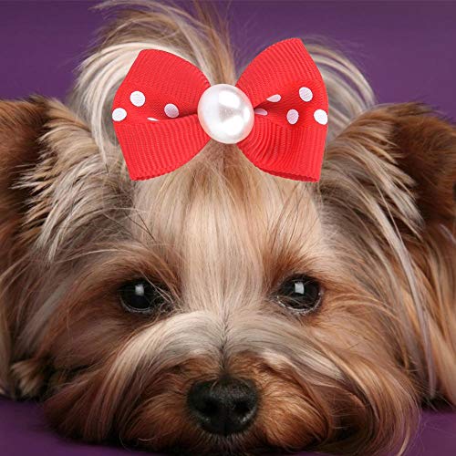 20 Unids / pack Mezcla de colores Lazos para el cabello del perro centro comercial Lazo del pelo del perro con fuertes bandas de goma y perlas de diamantes de imitación Yorkie Dog Puppy Teddy Topknot