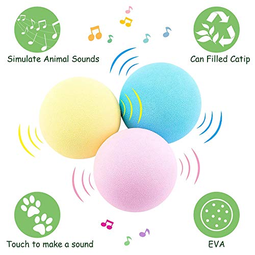 3 juguetes interactivos para gatos, pelota de juguete para gatos, pelota de juguete para animales, pelota de gato, sonido de pera rosa, sonido de cricket amarillo, sonido azul frio
