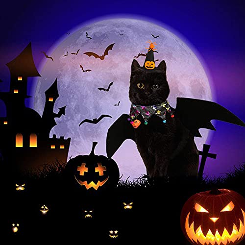 3 Pcs Disfraz para Gato de Halloween, Taumie Disfraz de murciélago para Halloween con 2 Pcs Campanas de Calabaza, Babero para Perros y Sombrero de Bruja, para Halloween Pets Party Ropa De Cosplay