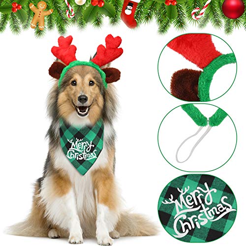 4 Gorros de Perro de Papá Noel de Navidad 3D Ajustable, Pañuelo Triángulo de Mascotas a Cuadros de Búfalo Clásico de Navidad, Diadema de Cuernos de Reno Navideño con Orejas Accesorios Disfraz
