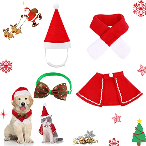 4 Piezas,Disfraz de Navidad para Mascotas,Traje de Navidad Perro pequeño,Gorro y Bufanda de Gato de Navidad,Disfraz De Gato Navidad,Disfraz de Papá Noel de Pet (L)