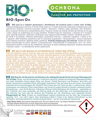 4 pipetas BIO-Spot On I Remedio natural contra garrapatas y pulgas I Protección contra garrapatas para perros medianos y grandes con base biológica