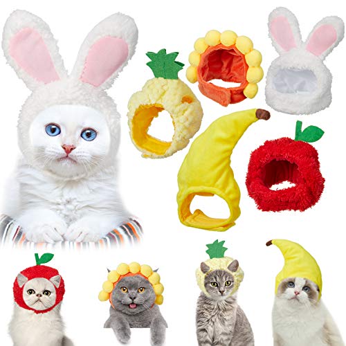 5 Sombreros para Mascotas Sombrero de Conejo de Gato Perro con Orejas de Conejo Gorro de Plátano Girasol Piña Disfraces de Fiesta Lindos, Materiales Seguros de Animales y Ajustable
