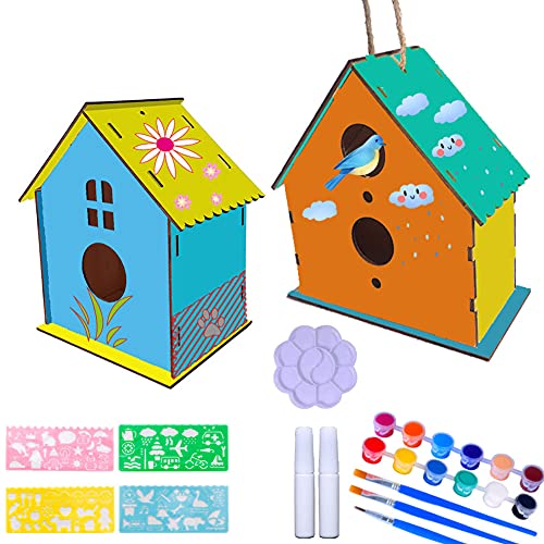 Abnaok Juego de manualidades de madera para niños, 2 unidades, para hacer tú mismo, casa de pájaros, juego de pintura, construcción y pintura, casa de pájaros, arte de madera para niños pequeños