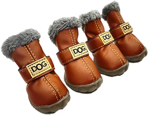 ABRRLO Zapatos de invierno para perros, botas impermeables para caminar al aire libre, zapatos de nieve para perros pequeños, botas de nieve a prueba de deslizamiento, 4 unidades, color marrón