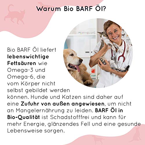 Aceite de barf orgánico para perros y gatos (100 ml), con vitamina E de 6 aceites diferentes, prensado en frío de cultivo ecológico controlado, aceite Omega 3 6 9, DE-ÖKO-060