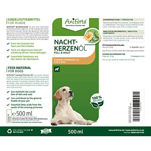 Aceite de onagra natural AniForte para perros 500ml - Suministro de ácidos grasos insaturados y saturados, Omega 6-9, Refuerza el bienestar, Envase reciclable sin BPA, Producto natural