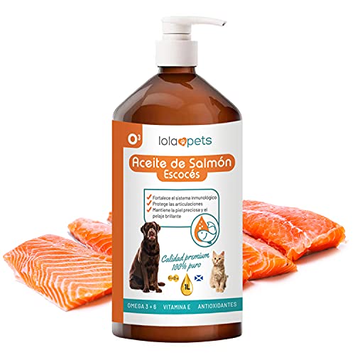 Aceite de Salmon para Perros - Gatos - Caballos - Hurones 100% 1 L – Aceite Salmon Escocés Perro con Omega 3 y 6, Vitamina E, Antioxidantes – Promueve La Salud de los Animales