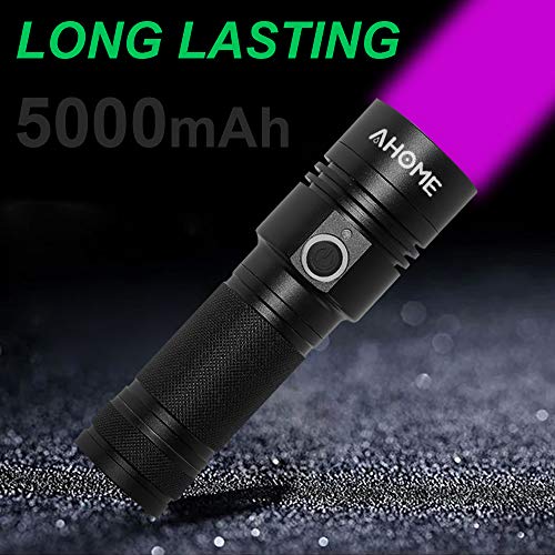AHOME V3 Linterna UV [USB Recargable] Lámpara LED Ultravioleta de luz Negra de 10W y 395nm, buscador de Escorpiones y Detector de orina para Mascotas con [batería de 5000mAh] y Cable de Carga