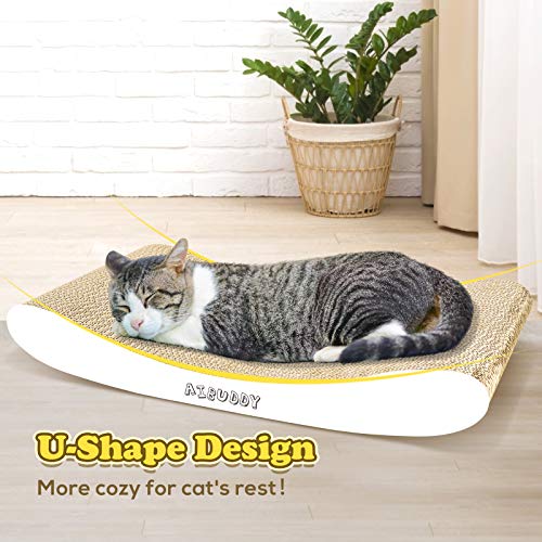 Aibuddy - Rascador para gatos, almohadilla curva de cartón para rascado, reversible, cama con hierba gatera orgánica [ 44 x 25 x 7 cm, cartón y fabricación superiores]
