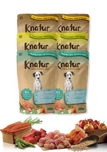 Alimento Natural casero para Perros, húmedo con Carne Fresca y Verduras Frescas - 90% Carne Knatur (6x600gr) (Pollo, Cordero y Pescado)