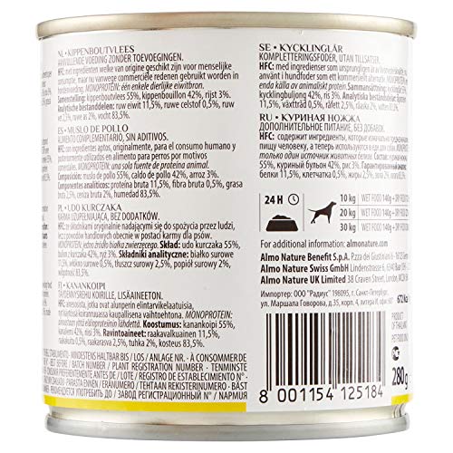 Almo Nature Comida Húmeda Natural Muslo de Pollo (12 latas x 280 g). Alimento para Perros Monoproteíco Enlatado HFC Cuisine. Snack Complementario sin Gluten, 3360