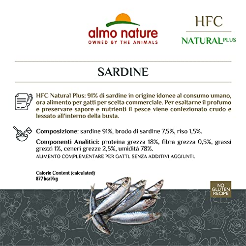 almo nature Comida Húmeda para Gatos Natural Plus de Sardinas (24 sobres x 55g). Alimento para Gatitos Gourmet Monoproteíco HFC Cuisine. Snack Complementario sin Gluten.