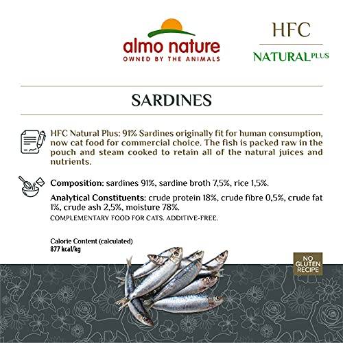 almo nature Comida Húmeda para Gatos Natural Plus de Sardinas (24 sobres x 55g). Alimento para Gatitos Gourmet Monoproteíco HFC Cuisine. Snack Complementario sin Gluten.