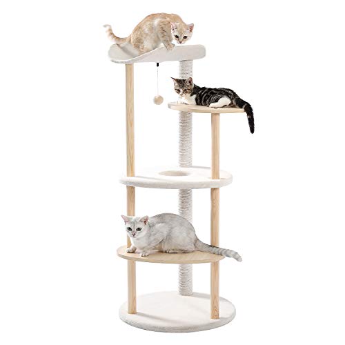 Amazon Brand – Umi Moderno árbol de Madera para Gatos Gatos Torre de Juegos Grande de Varios Pisos Poste rascador de sisal Diseño Especial Muebles para Gatitos Centro de Actividades Beige 124cm