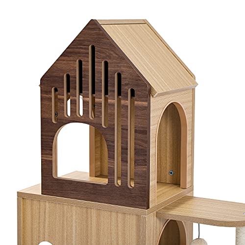Amazon Brand – Umi Torre de árbol para gatos Torre de juegos para gatos en forma de puente Casa de madera para gatos de varios niveles Centro de actividades para gatos grandes Gran espacio 112cm beige