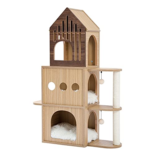 Amazon Brand – Umi Torre de árbol para gatos Torre de juegos para gatos en forma de puente Casa de madera para gatos de varios niveles Centro de actividades para gatos grandes Gran espacio 112cm beige