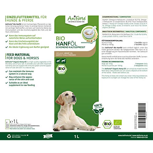 AniForte aceite de cáñamo orgánico prensado en frío para perros y caballos 1 litro - 100% de aceite de cáñamo puro como aditivo, aceite de cáñamo de primera calidad, embalaje reciclable sin BPA