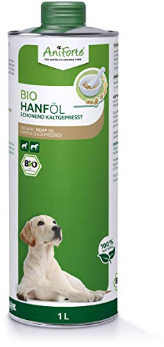 AniForte aceite de cáñamo orgánico prensado en frío para perros y caballos 1 litro - 100% de aceite de cáñamo puro como aditivo, aceite de cáñamo de primera calidad, embalaje reciclable sin BPA