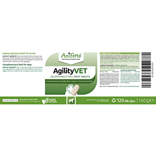 AniForte AgilityVET en Comprimidos para Perros. 120 Comprimidos. 100% Natural con Mejillón de Labios Verdes. Garra del Diablo, Colágeno, Glucosamina y Condroitina