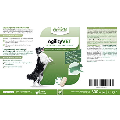 AniForte AgilityVET en tabletas para perros, 300 pastillas. Tabletas naturales para articulaciones con mejillón de labios verdes, garra del diablo, colágeno, glucosamina y condroitina