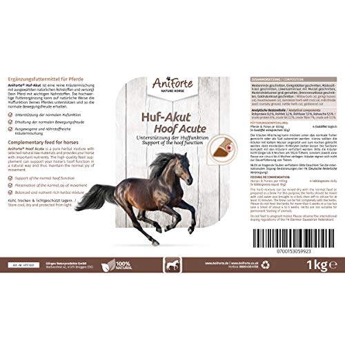 AniForte Hoof Acute Natural Product for Horses 1kg - alimento mineral natural - rico en vitaminas, hierbas y sustancias vitales, apoya la función vital de los cascos y el sistema locomotor