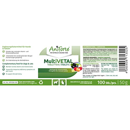AniForte MultiVETAL Multivitamínico para Perros y Gatos 100 Comprimidos – Multivitamínico y nutrientes Naturales para un Suministro óptimo, Ayuda para Las defensas Naturales