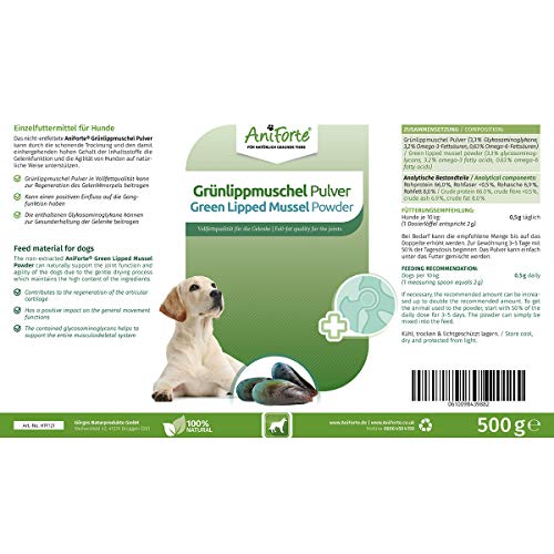 AniForte Polvo de mejillón de labios verdes para perros 500g – Polvo natural de mejillones de labios verdes de calidad grasa, glicosaminoglicanos 3.3%, apoya las articulaciones