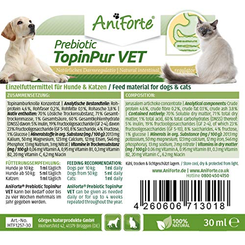 AniForte Prebiótico TopinPur Vet para Perros y Gatos Aplicador de 30 ml - La alcachofa de Jerusalén Ayuda al estómago, la digestión y la inflamación del intestino, m Inulina, vitaminas y minerales