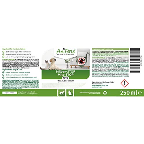 AniForte Spray antiácaros para Perros y Gatos 250 ml - Spray antiácaros para una Defensa eficaz contra Insectos y parásitos. Protección contra infestación de ácaros