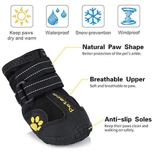 AQH Zapatos Perro, 4 Pcs Zapatos Impermeables para Perros, con Banda Reflectante Suelas de Goma Antideslizantes Resistentes (5#, Negro)